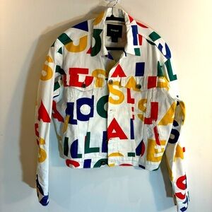 DESIGUAL Sz S Trucker Style Jacket Oversized Canvas Large Colourful Letters